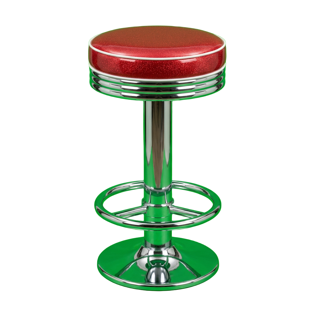 A chrome diner counter stool with a red glitter vinyl seat