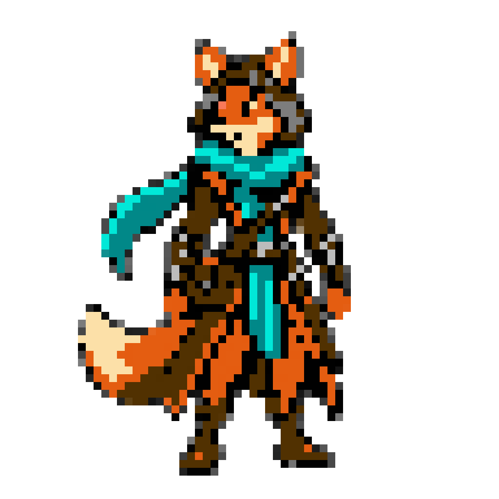 The fox adventurer redrawn as an NES sprite, keeping the hood, scarf, coat and tail