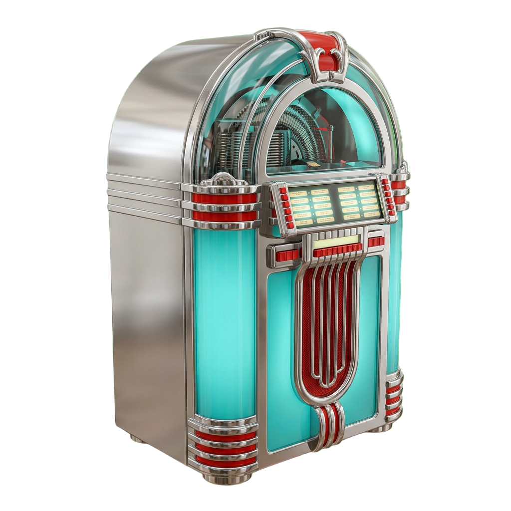 A chrome and turquoise glass jukebox with red trim