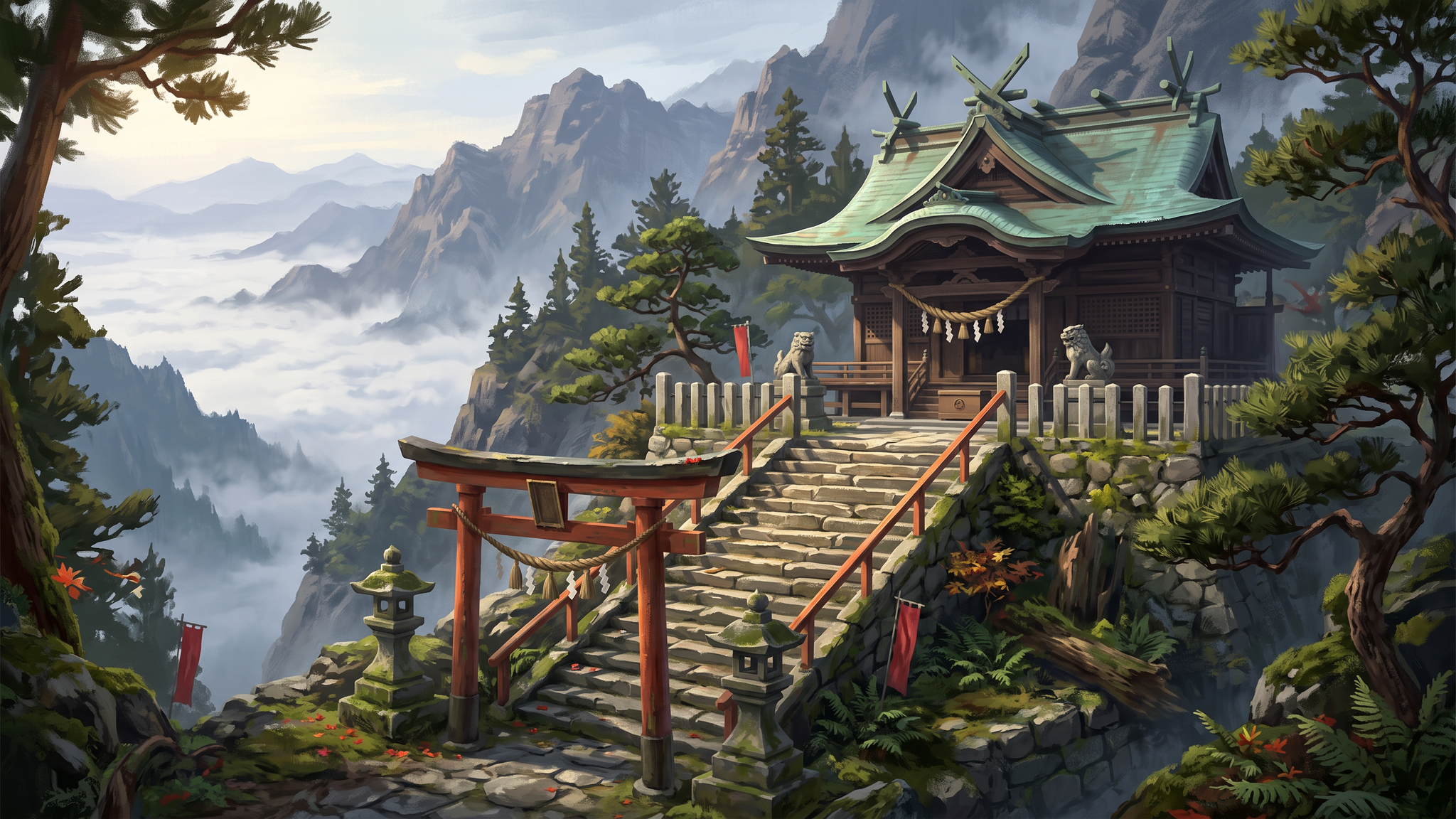 A mountain shrine above a sea of clouds, with a vermilion torii gate, stone lanterns, a steep stair and a prayer hall with a green copper roof