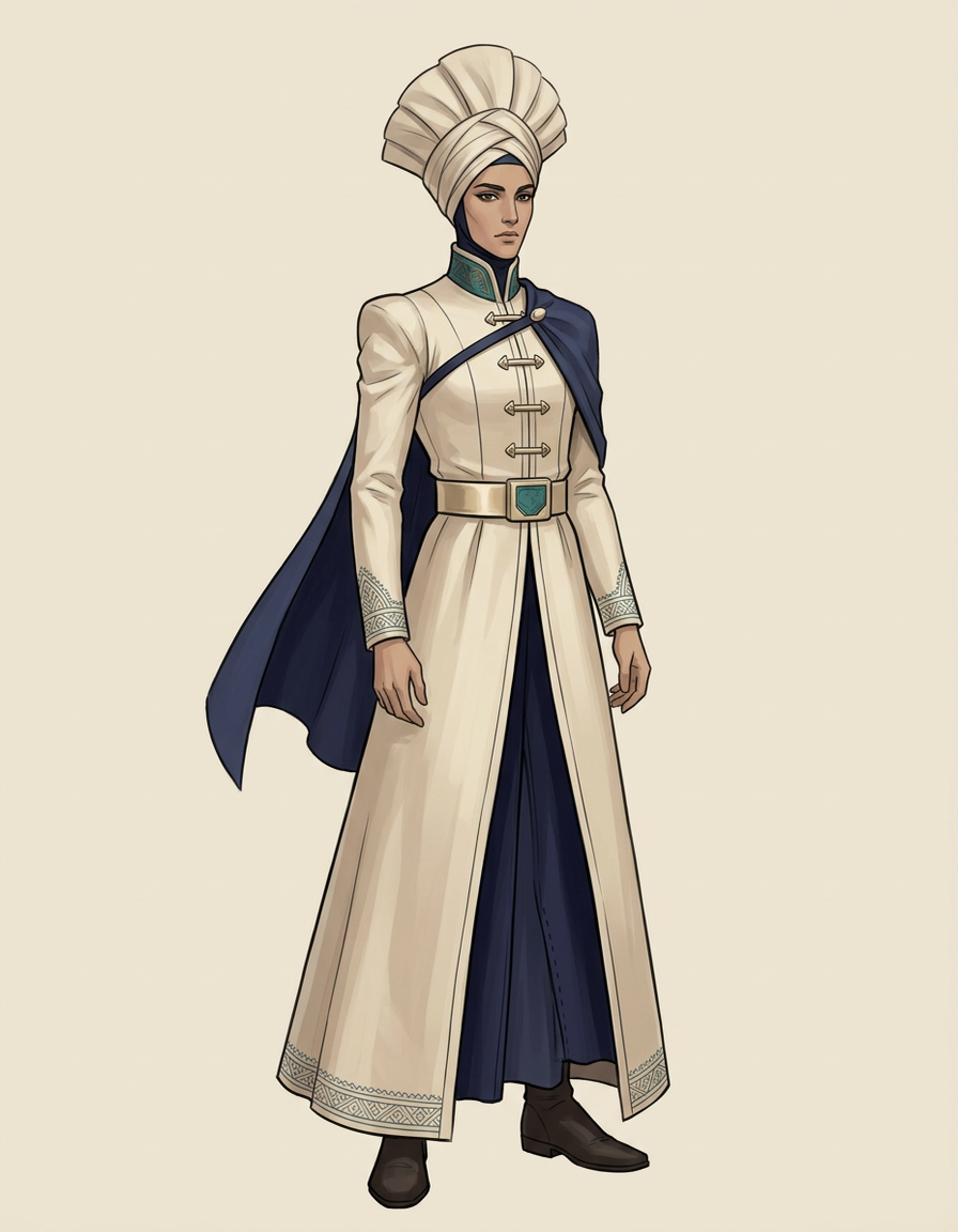 A desert noble in a long ivory coat with a midnight-indigo cape and a tall fan-shaped head wrap