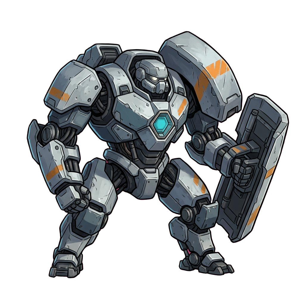 A broad armored loader robot with a shield arm and a cyan chest target