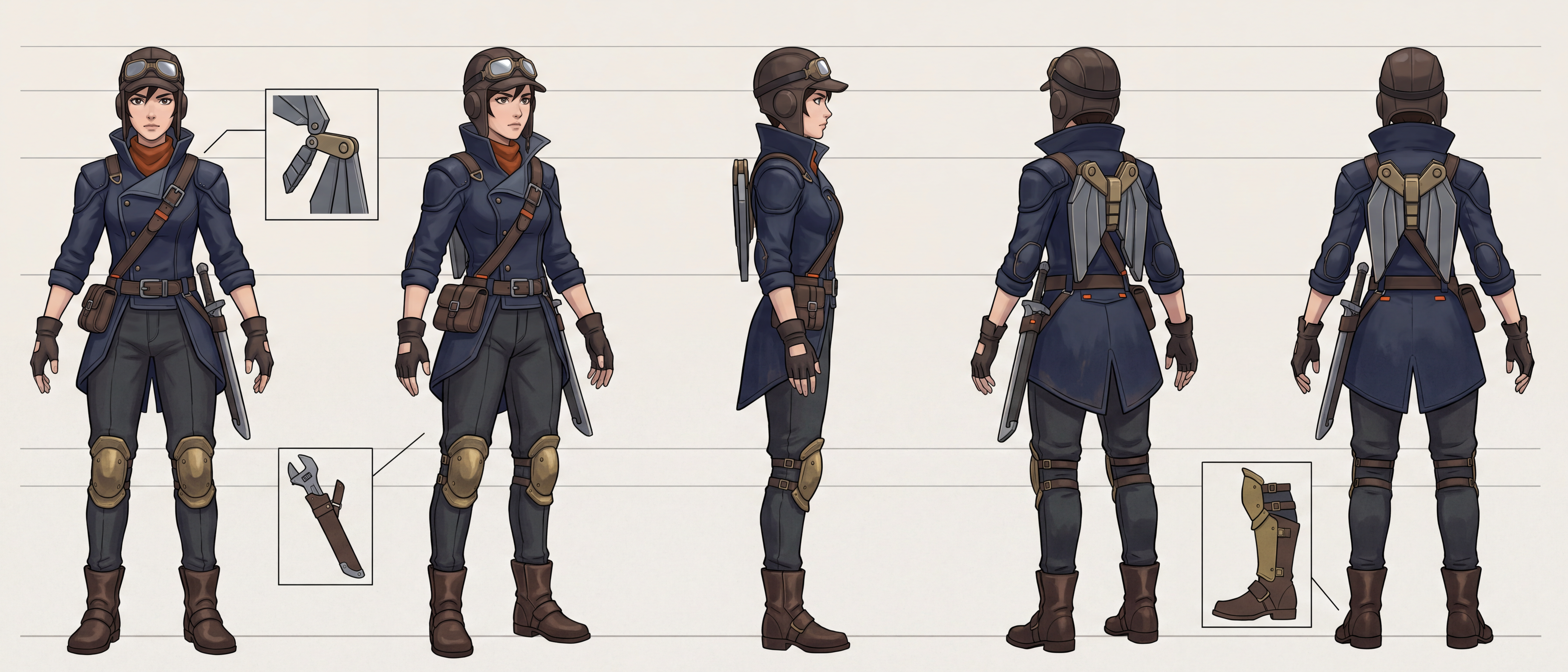 A five-view turnaround of a sky-pirate engineer in a navy coat and aviator cap with a mechanical wing-pack, with callouts for the wing-pack, a wrench and a boot