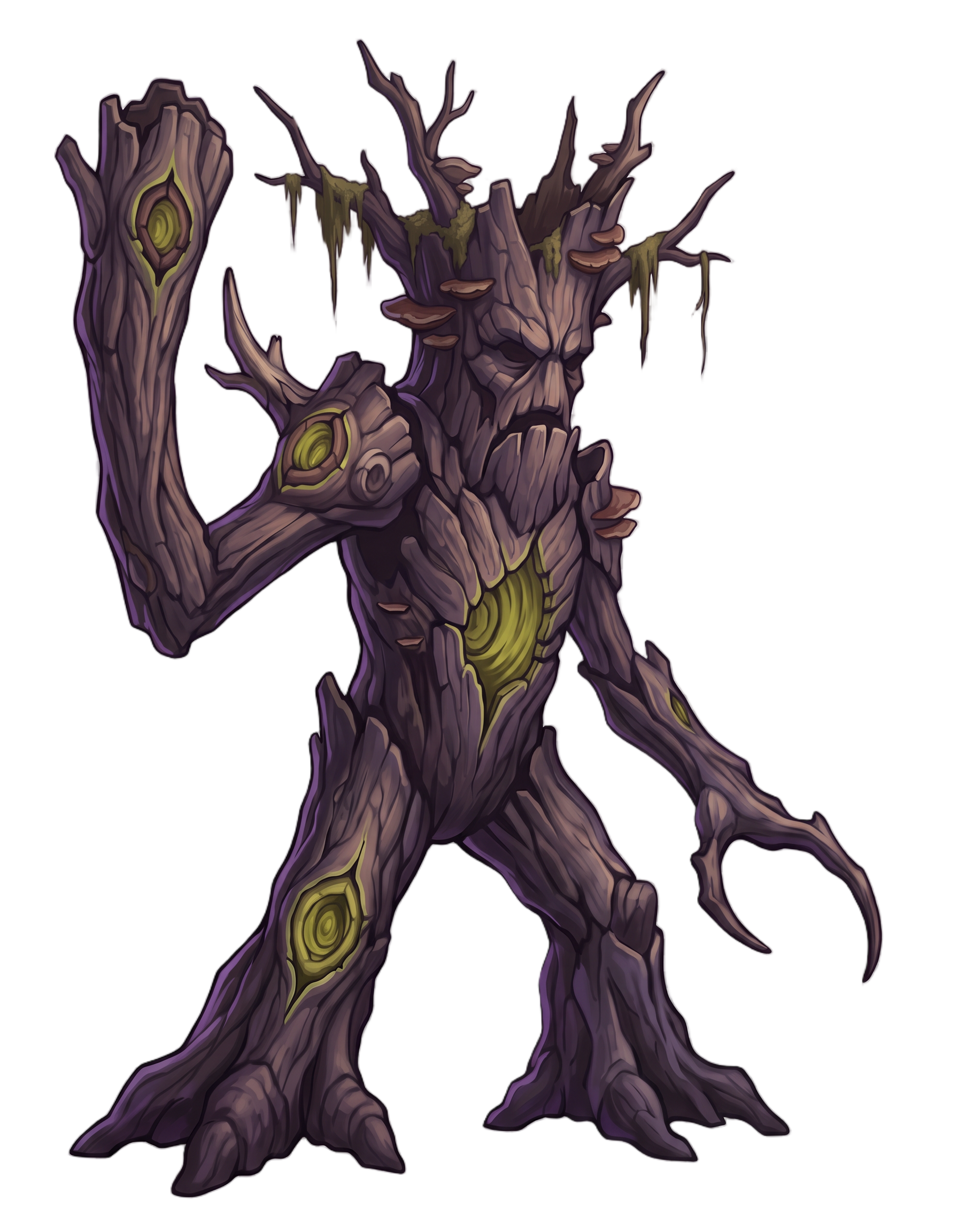 A towering corrupted treant with violet-charcoal bark, a raised club arm and four glowing chartreuse weak points