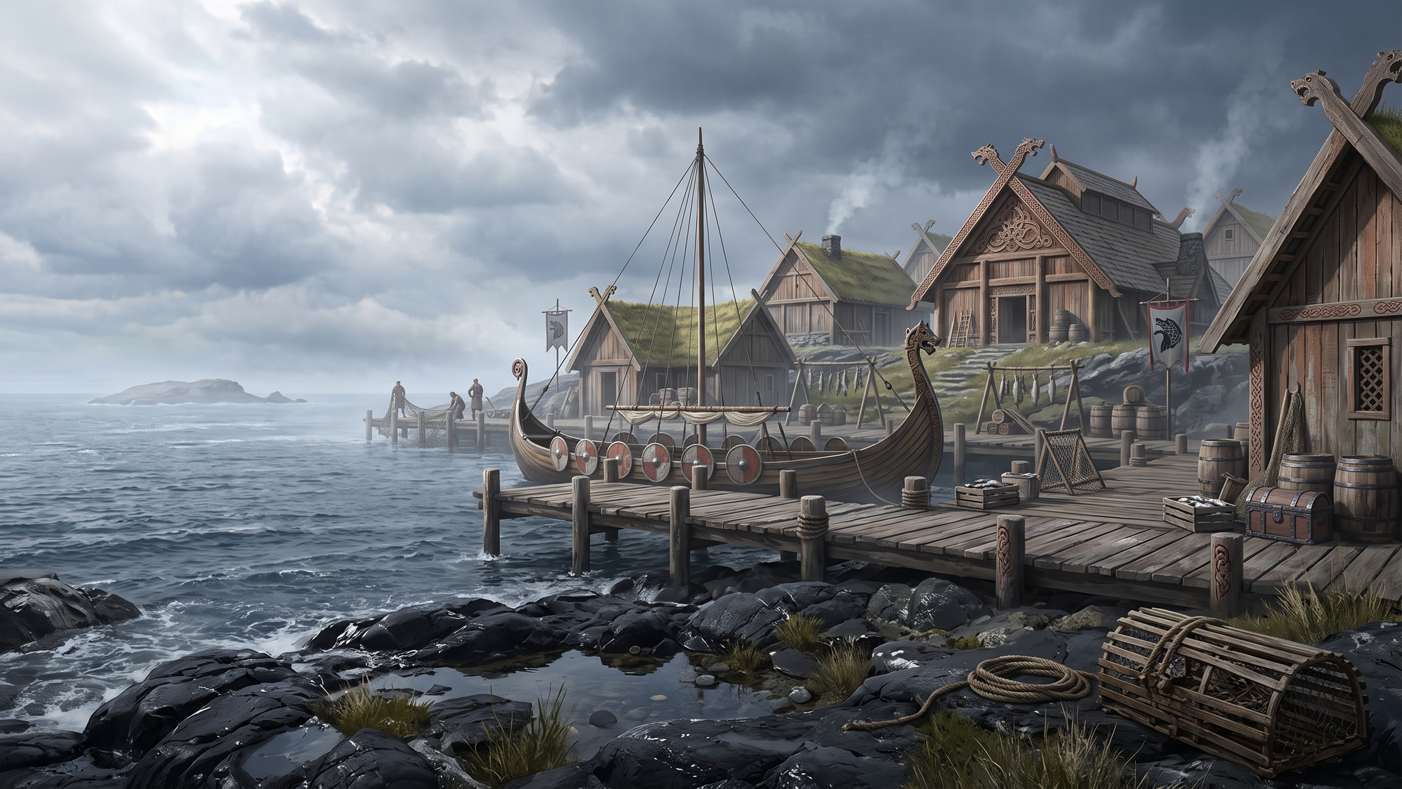 A storm-weathered Norse harbor with turf-roofed timber longhouses, a shield-lined longship at the pier and fish-drying racks on the shore