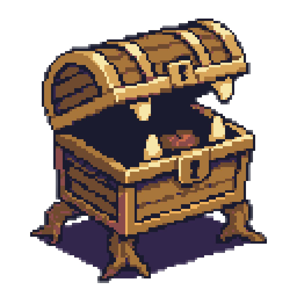 A GBA sprite of a wooden treasure-chest mimic with fangs