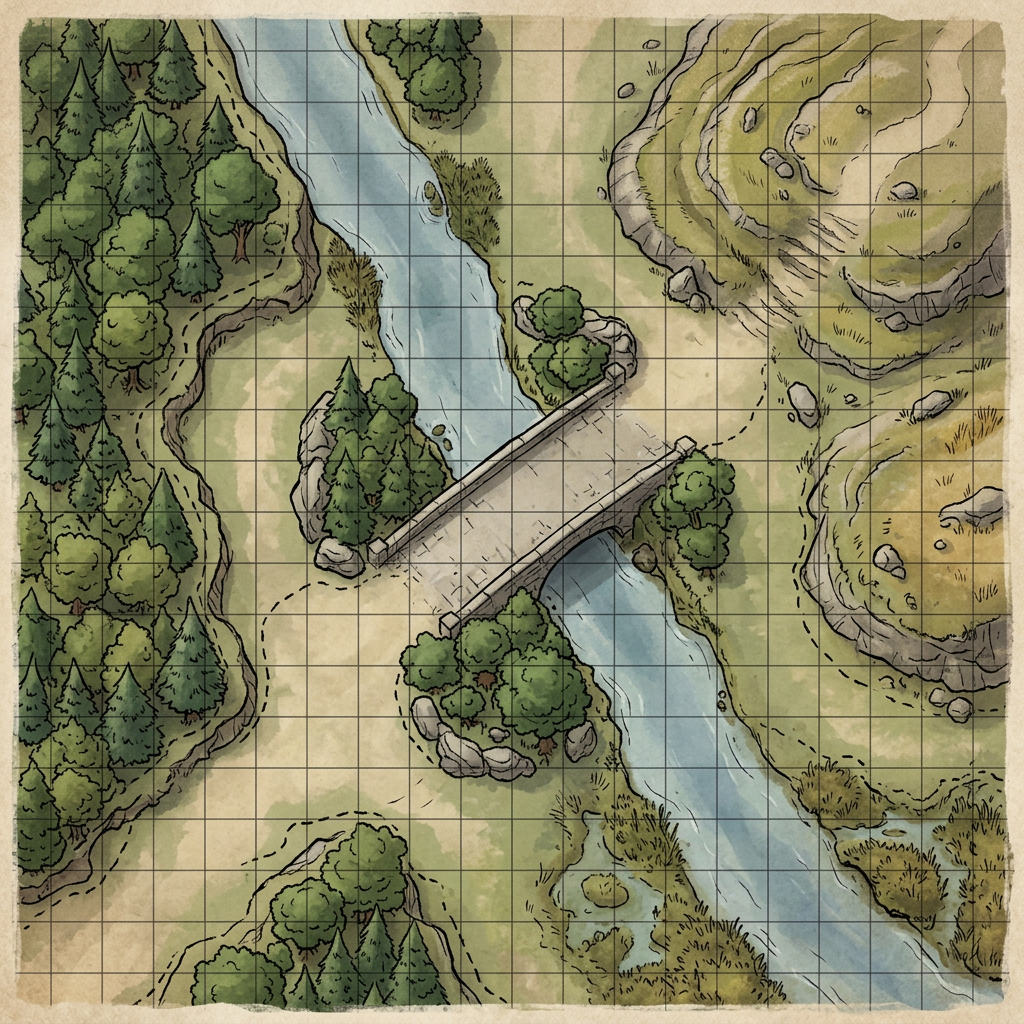 A top-down hand-drawn battle map on a square grid, with a river crossed by a stone bridge, a pine forest on the left and terraced hills on the right