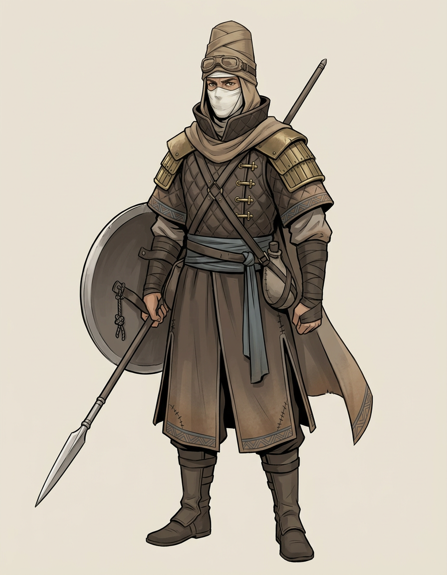 A caravan guard in umber layers and lamellar shoulders, face wrapped, with a spear and a round shield