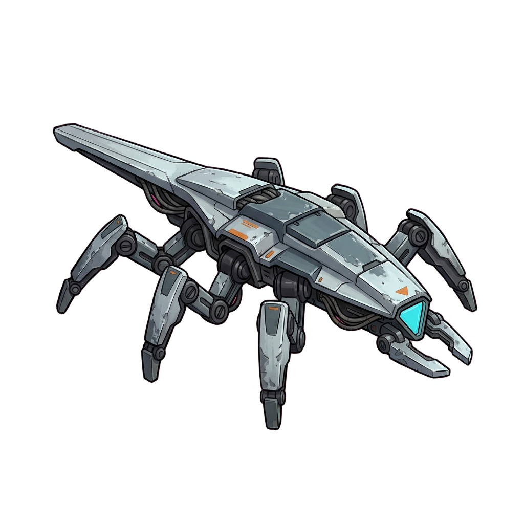 A low six-legged wedge-shaped drone with a cyan sensor at the front