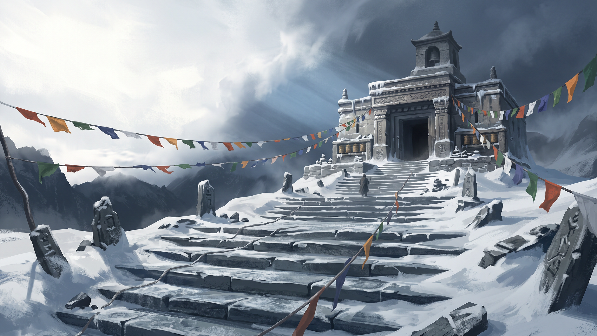 Level art of a frozen mountain temple with prayer flags and a storm rolling in