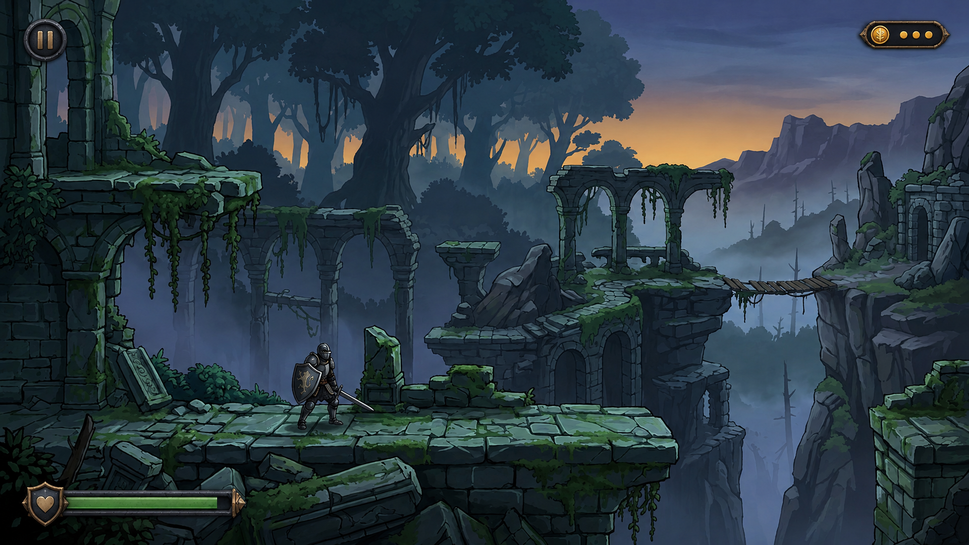The same screenshot with a health bar, coin counter and pause button added