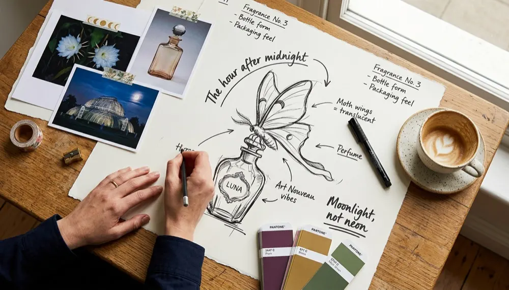 A creative director sketching the Velvet Hour concept