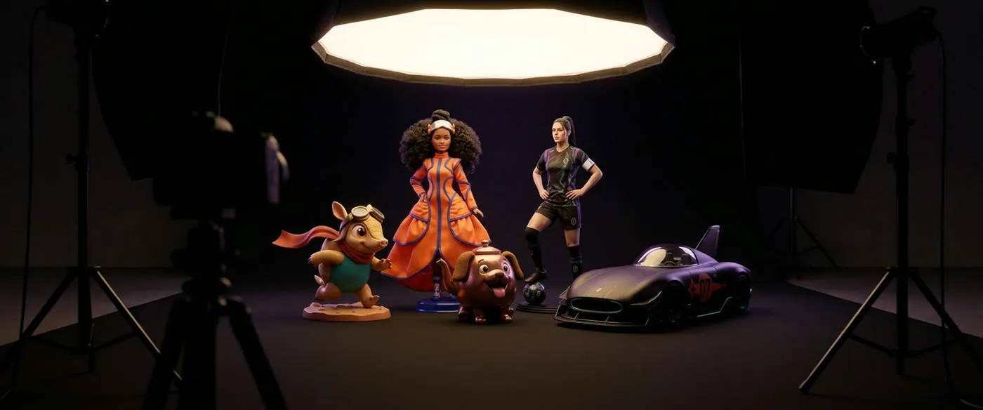 Marisol Vega, Dash, Kettlepup, the Circuit 13 footballer and the Turbo Trucks 07 car, five licensed properties made in Layer, posed together for a studio shoot