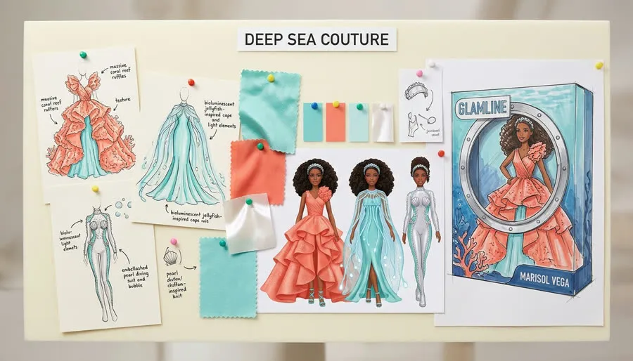 Glamline “Deep Sea Couture”: the next collection, from first sketch to finished doll and box.