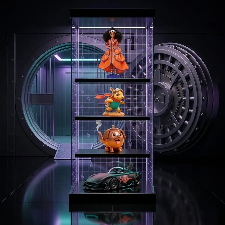 Licensed collectibles kept in a locked glass vitrine inside a vault